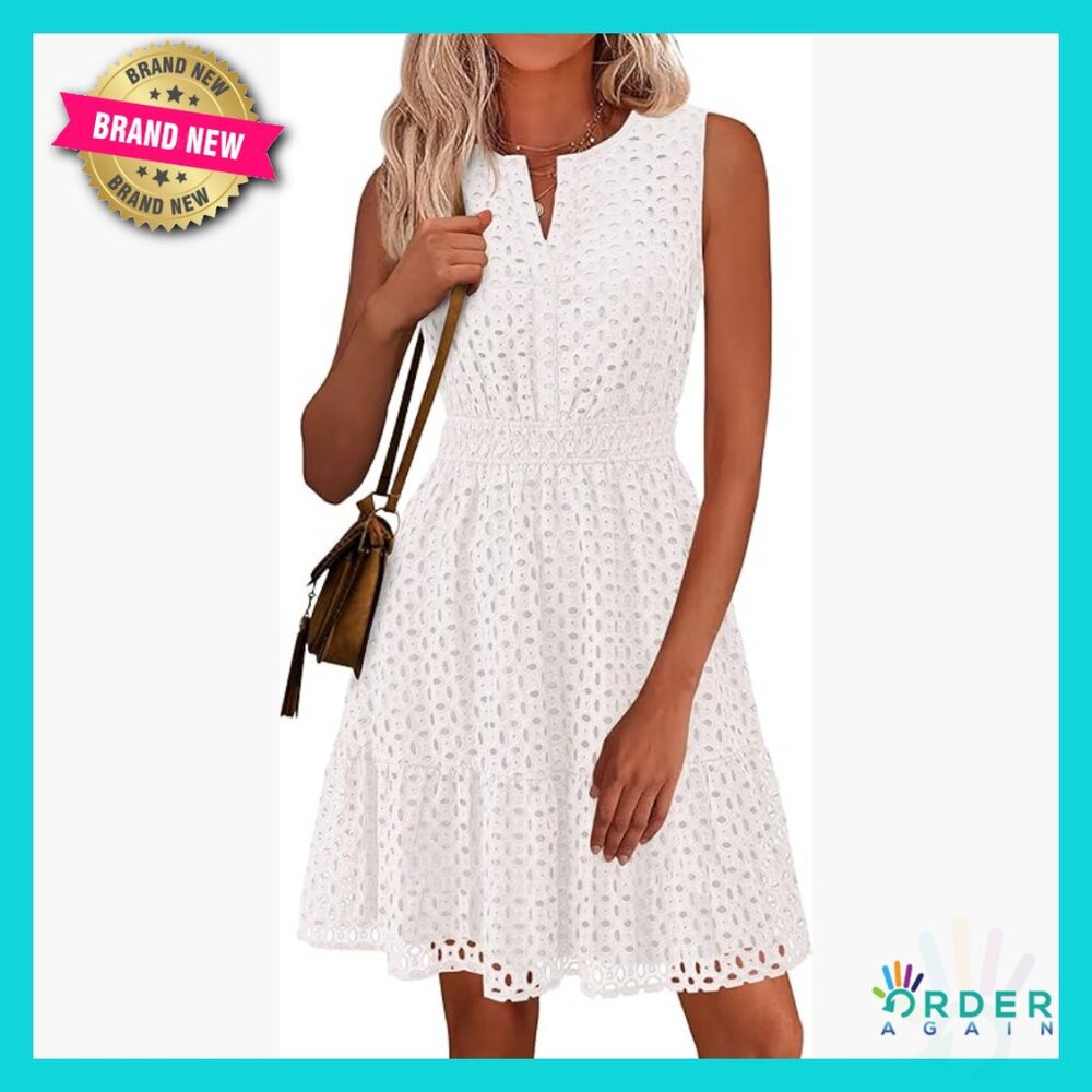 Sleeveless V Neck Eyelet A Line Swing Dress Elegant Summer Casual
